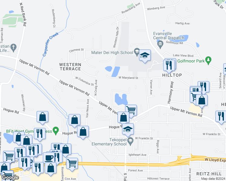 map of restaurants, bars, coffee shops, grocery stores, and more near 3614 Quarry Ridge Drive in Evansville