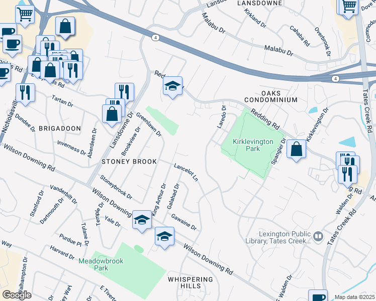 map of restaurants, bars, coffee shops, grocery stores, and more near 363 King Arthur Court in Lexington