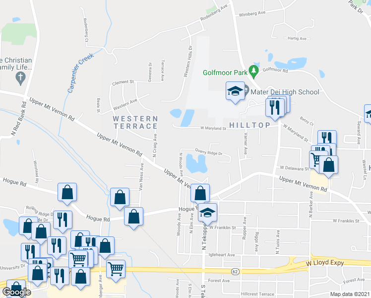 map of restaurants, bars, coffee shops, grocery stores, and more near 3602 Quarry Ridge Drive in Evansville