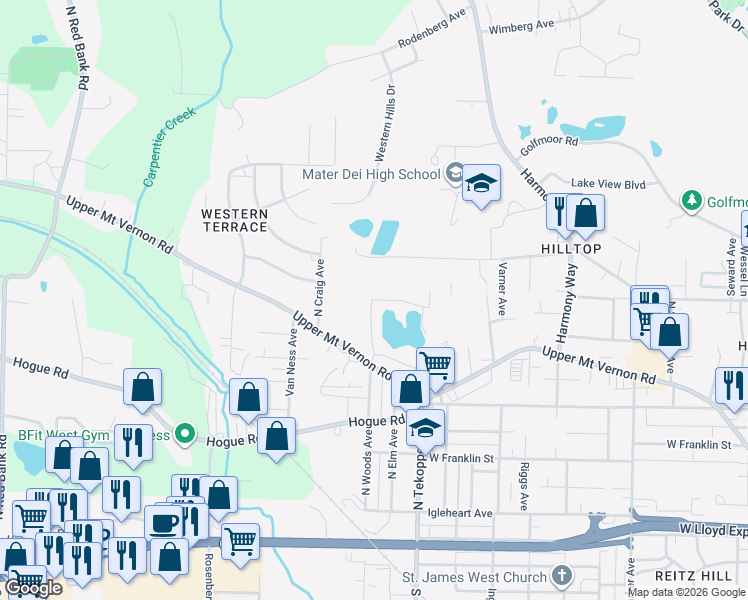 map of restaurants, bars, coffee shops, grocery stores, and more near 3647 Quarry Ridge Drive in Evansville