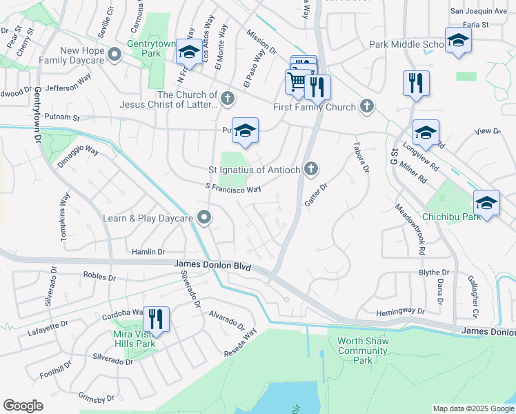 map of restaurants, bars, coffee shops, grocery stores, and more near 3443 Lexington Way in Antioch