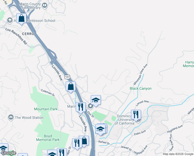 map of restaurants, bars, coffee shops, grocery stores, and more near 144 Dominican Drive in San Rafael