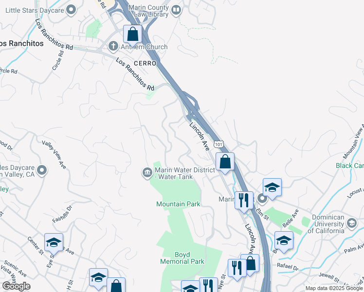 map of restaurants, bars, coffee shops, grocery stores, and more near 318 Prospect Drive in San Rafael