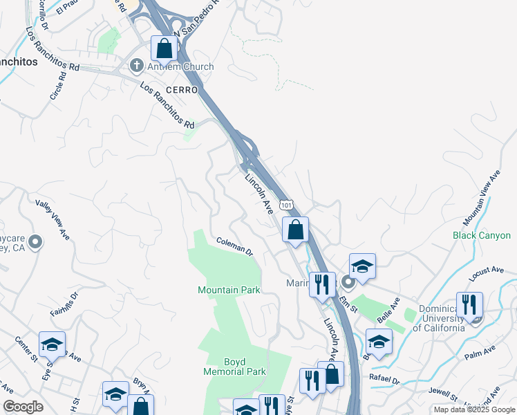 map of restaurants, bars, coffee shops, grocery stores, and more near 1744 Lincoln Avenue in San Rafael