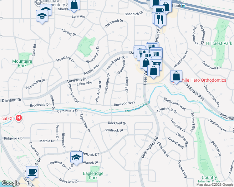 map of restaurants, bars, coffee shops, grocery stores, and more near 904 Badger Way in Antioch