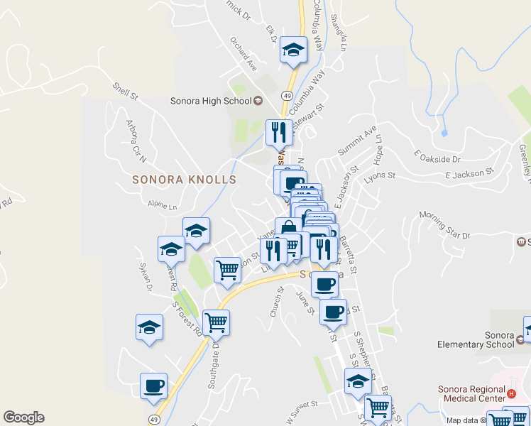 map of restaurants, bars, coffee shops, grocery stores, and more near 96 North Norlin Street in Sonora
