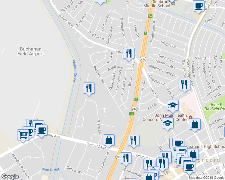map of restaurants, bars, coffee shops, grocery stores, and more near 2706 Courtland Drive in Concord