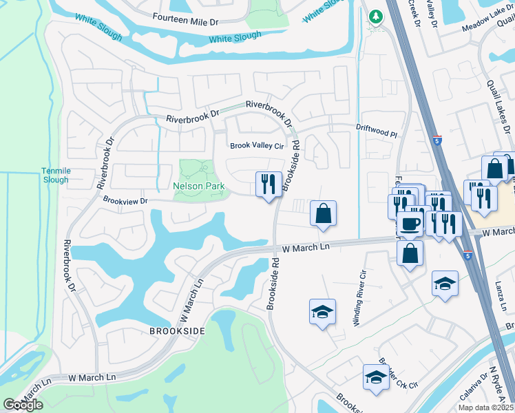 map of restaurants, bars, coffee shops, grocery stores, and more near 3485 Brookside Road in Stockton