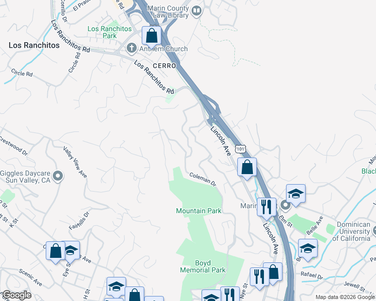 map of restaurants, bars, coffee shops, grocery stores, and more near 26 Fair Drive in San Rafael