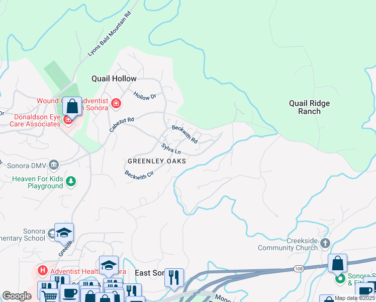 map of restaurants, bars, coffee shops, grocery stores, and more near 13080 Sylva Lane in Sonora