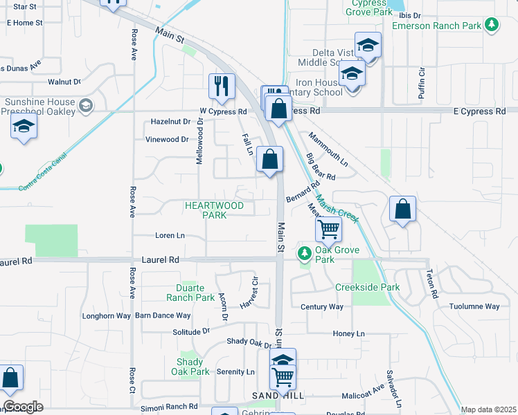 map of restaurants, bars, coffee shops, grocery stores, and more near 3994 Clearwood Way in Oakley