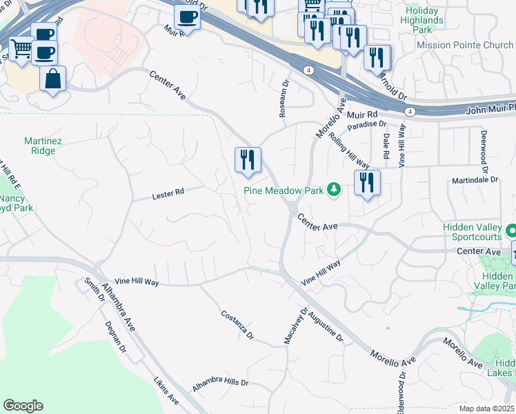 map of restaurants, bars, coffee shops, grocery stores, and more near 911 Snow Drive in Martinez