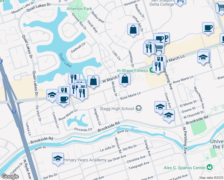 map of restaurants, bars, coffee shops, grocery stores, and more near 1912 Grand Canal Boulevard in Stockton