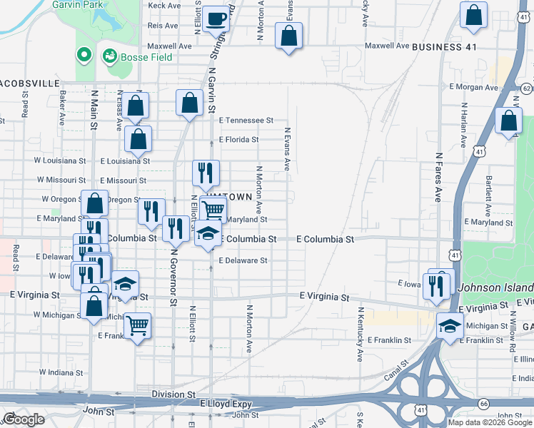 map of restaurants, bars, coffee shops, grocery stores, and more near 913 North Morton Avenue in Evansville