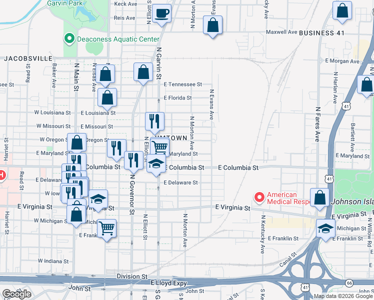 map of restaurants, bars, coffee shops, grocery stores, and more near 913 North Morton Avenue in Evansville