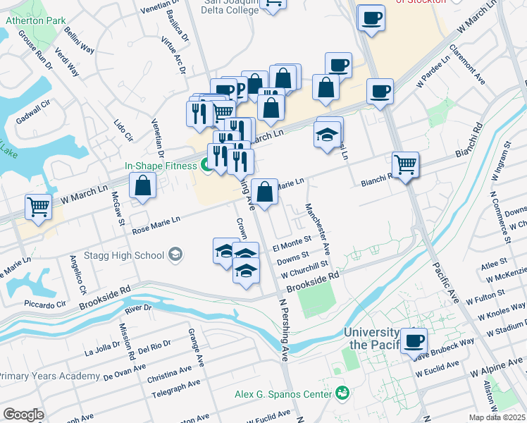 map of restaurants, bars, coffee shops, grocery stores, and more near 4418 North Pershing Avenue in Stockton