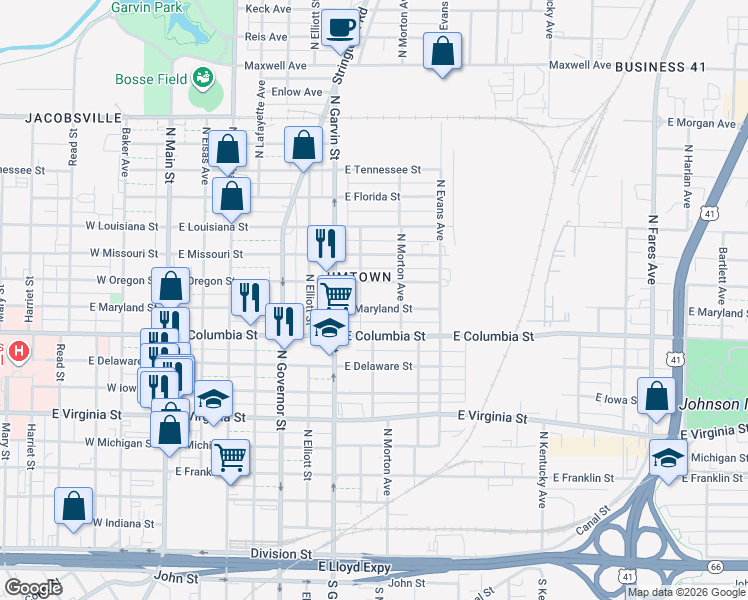 map of restaurants, bars, coffee shops, grocery stores, and more near 636 East Maryland Street in Evansville