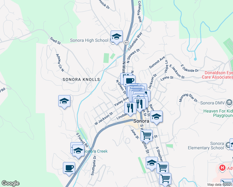 map of restaurants, bars, coffee shops, grocery stores, and more near 96 North Norlin Street in Sonora