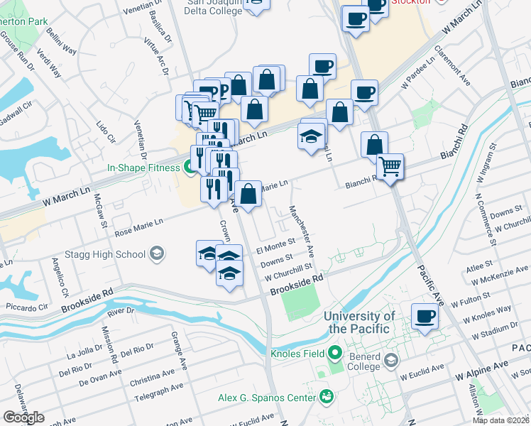 map of restaurants, bars, coffee shops, grocery stores, and more near 1176 Rosemarie Lane in Stockton