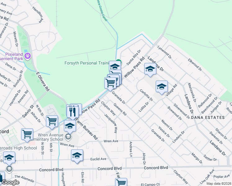 map of restaurants, bars, coffee shops, grocery stores, and more near 1896 Granada Drive in Concord
