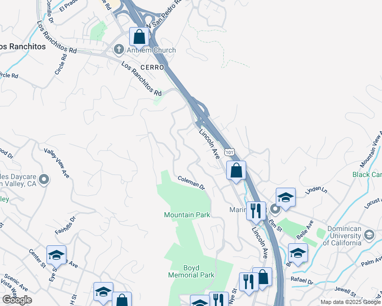 map of restaurants, bars, coffee shops, grocery stores, and more near 318 Prospect Drive in San Rafael