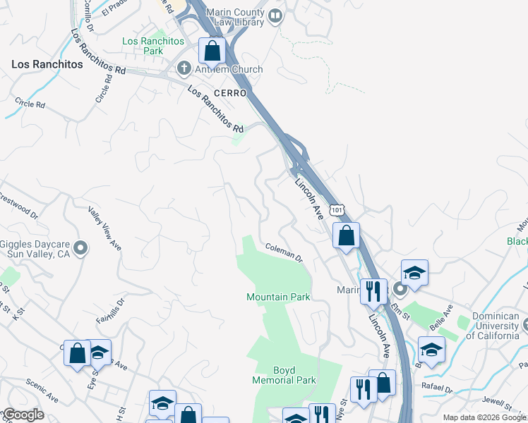map of restaurants, bars, coffee shops, grocery stores, and more near 26 Fair Drive in San Rafael