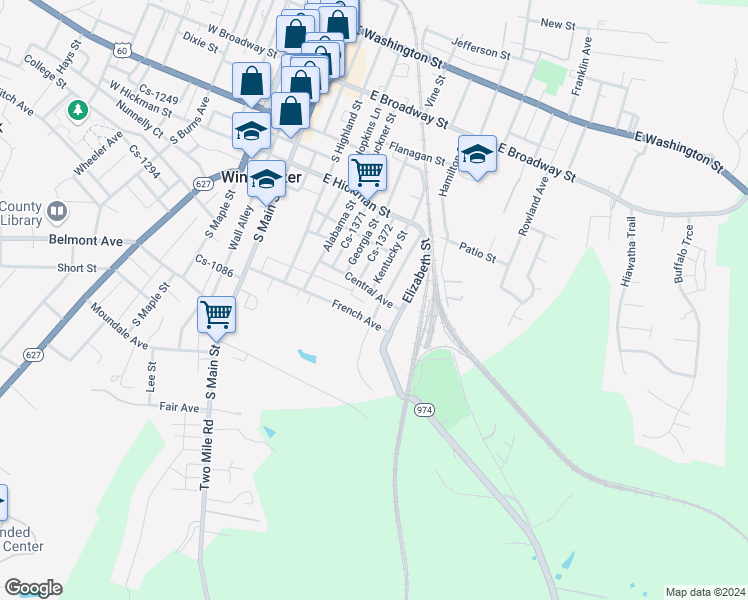 map of restaurants, bars, coffee shops, grocery stores, and more near 118 Central Avenue in Winchester