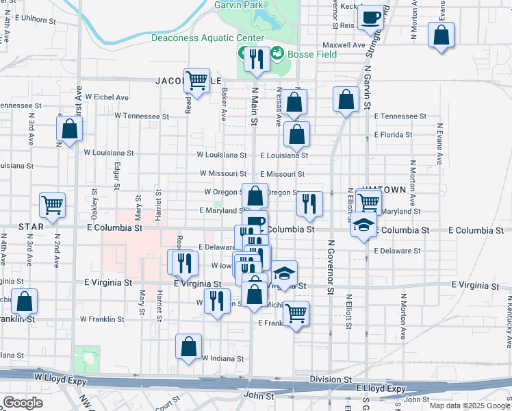 map of restaurants, bars, coffee shops, grocery stores, and more near 900 North Main Street in Evansville