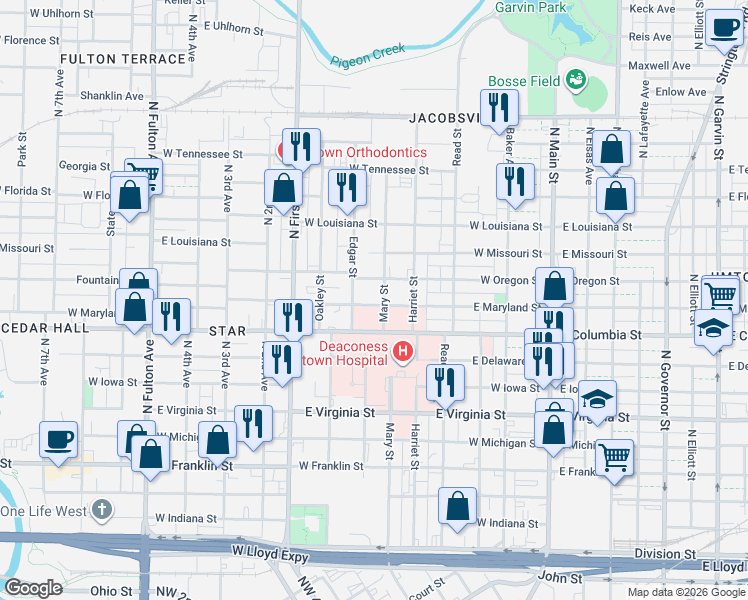 map of restaurants, bars, coffee shops, grocery stores, and more near 906 Mary St in Evansville