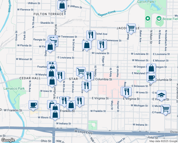 map of restaurants, bars, coffee shops, grocery stores, and more near 905 North First Avenue in Evansville