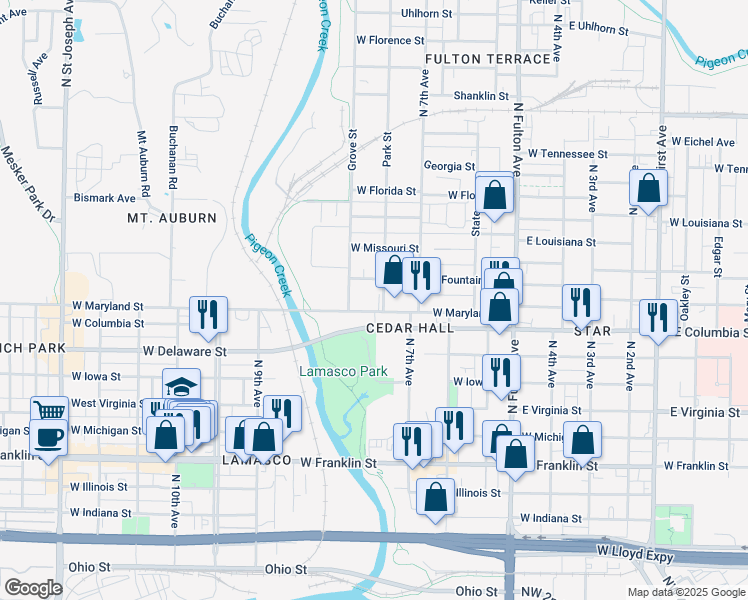 map of restaurants, bars, coffee shops, grocery stores, and more near 901-999 Park Street in Evansville