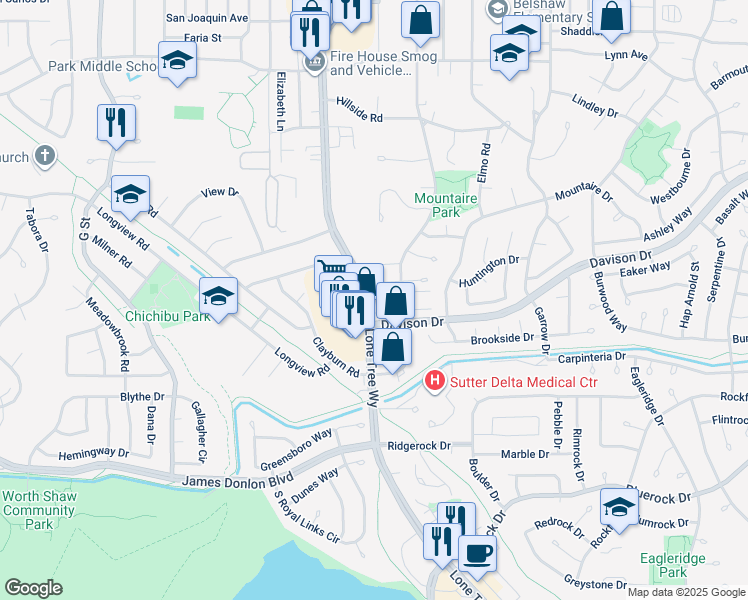 map of restaurants, bars, coffee shops, grocery stores, and more near 2 El Capitan Lane in Antioch