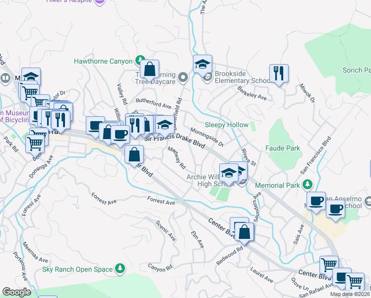 map of restaurants, bars, coffee shops, grocery stores, and more near 1659 San Anselmo Avenue in San Anselmo