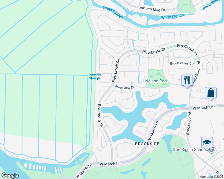 map of restaurants, bars, coffee shops, grocery stores, and more near 4066 Pine Lake Circle in Stockton