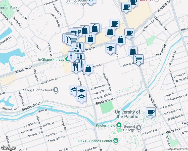map of restaurants, bars, coffee shops, grocery stores, and more near 1176 Rosemarie Lane in Stockton