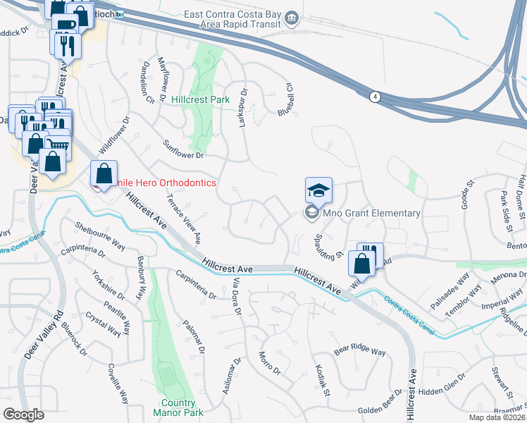 map of restaurants, bars, coffee shops, grocery stores, and more near 3504 Bellflower Drive in Antioch