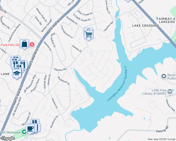 map of restaurants, bars, coffee shops, grocery stores, and more near 3256 Hunters Point Drive in Lexington
