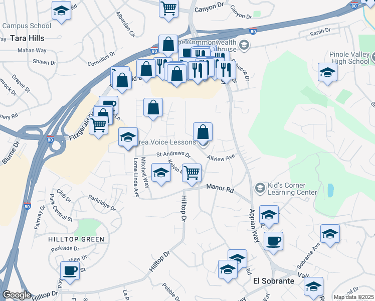map of restaurants, bars, coffee shops, grocery stores, and more near 974 Saint Andrews Drive in El Sobrante