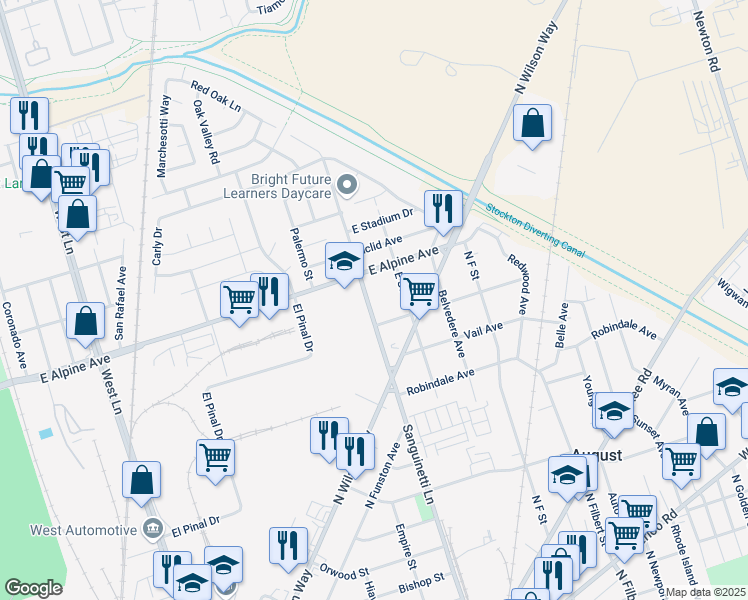 map of restaurants, bars, coffee shops, grocery stores, and more near 3160 Sanguinetti Lane in Stockton