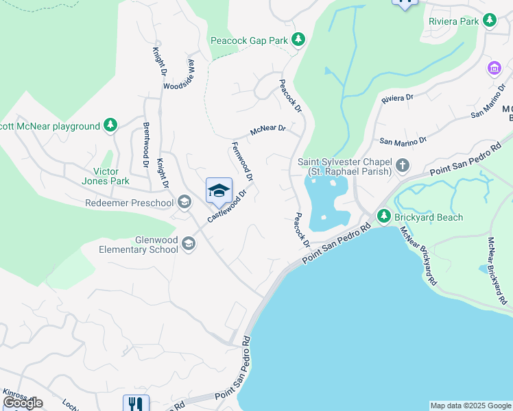 map of restaurants, bars, coffee shops, grocery stores, and more near 91 Fernwood Drive in San Rafael