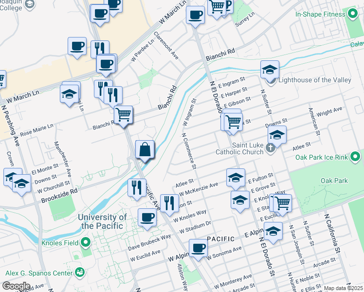 map of restaurants, bars, coffee shops, grocery stores, and more near 110 West Essex Street in Stockton