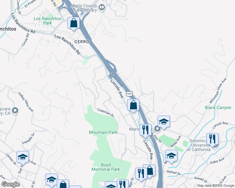 map of restaurants, bars, coffee shops, grocery stores, and more near 1747 Lincoln Avenue in San Rafael