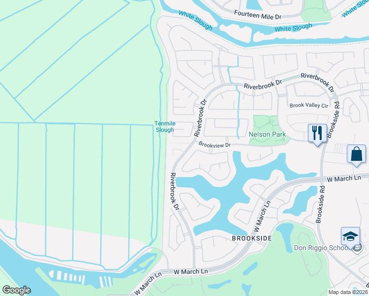 map of restaurants, bars, coffee shops, grocery stores, and more near 4066 Pine Lake Circle in Stockton