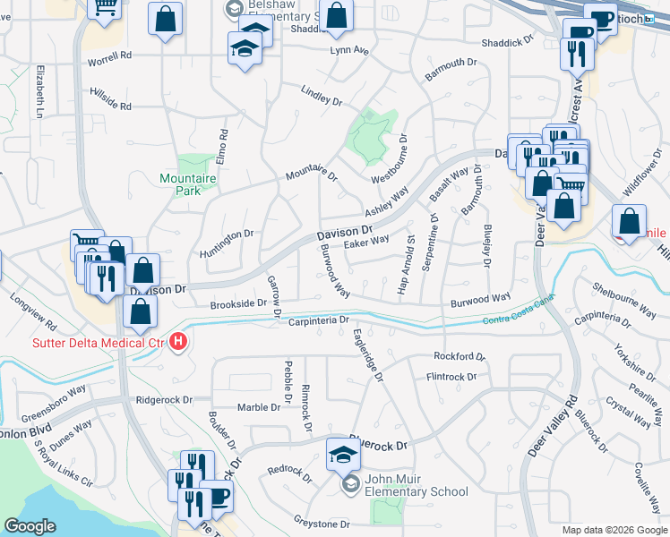 map of restaurants, bars, coffee shops, grocery stores, and more near 521 Burwood Way in Antioch