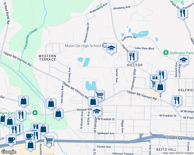 map of restaurants, bars, coffee shops, grocery stores, and more near 3507 Quarry Ridge Drive in Evansville