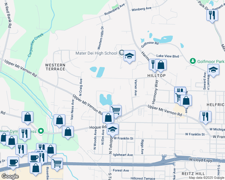 map of restaurants, bars, coffee shops, grocery stores, and more near 3509 Quarry Ridge Drive in Evansville