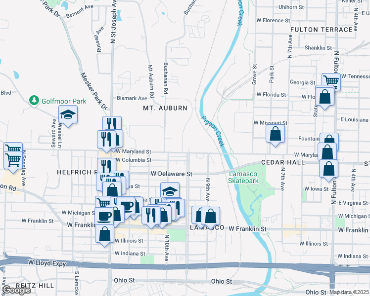 map of restaurants, bars, coffee shops, grocery stores, and more near 1901 West Maryland Street in Evansville