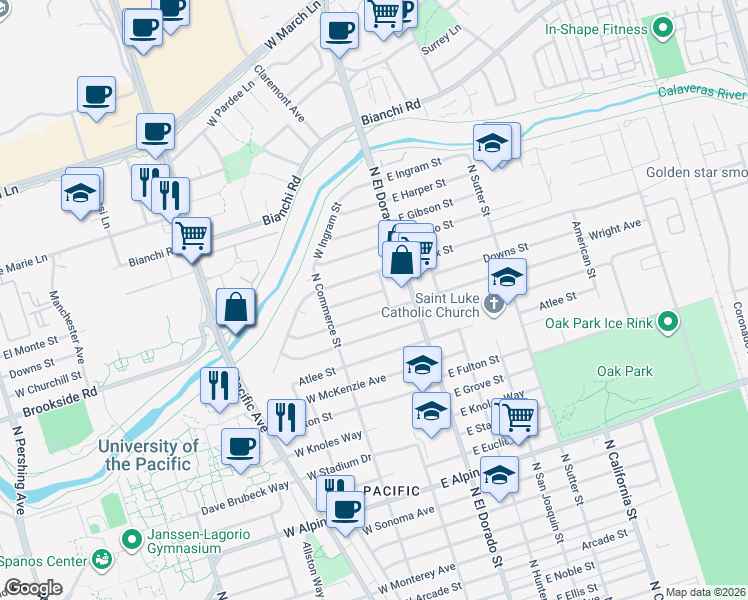 map of restaurants, bars, coffee shops, grocery stores, and more near 18 Downs Street in Stockton