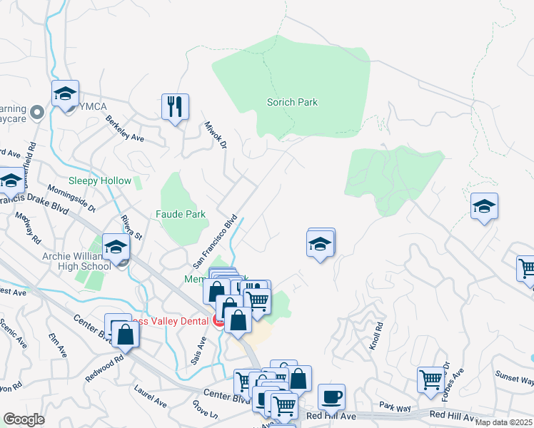 map of restaurants, bars, coffee shops, grocery stores, and more near 236 Los Angeles Blvd in San Anselmo