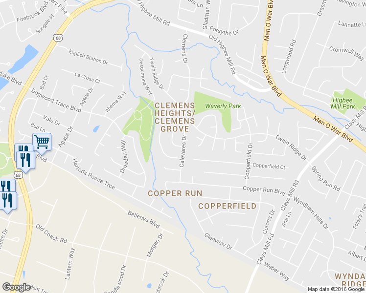 map of restaurants, bars, coffee shops, grocery stores, and more near 4327 Calevares Drive in Lexington